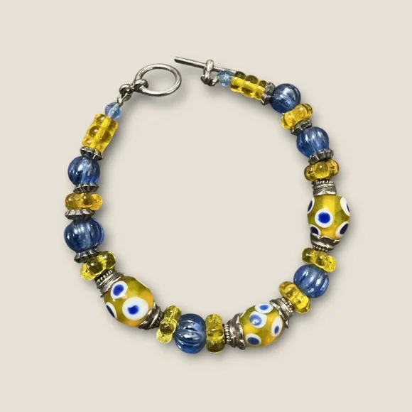 Yellow and Blue Vintage Artisan Glass Beaded Bracelet - Picture 1 of 2